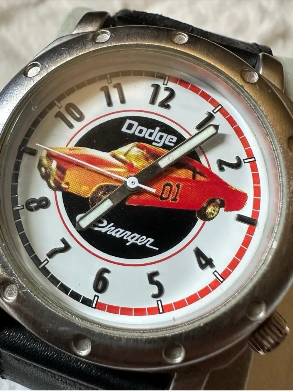 Vintage Dodge Charger Men's Black Leather Strap Watch - Red Accent